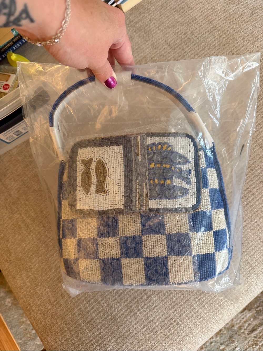 NWTBlue & Cream Check Beaded Top-Handle Bag Sardines Anthro